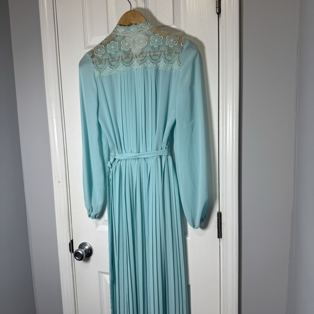 Vintage 70's Blue Maxi Dress Gown Chiffon Mock Neck Lace Evening Gatsby M/L - Picture 7 of 9